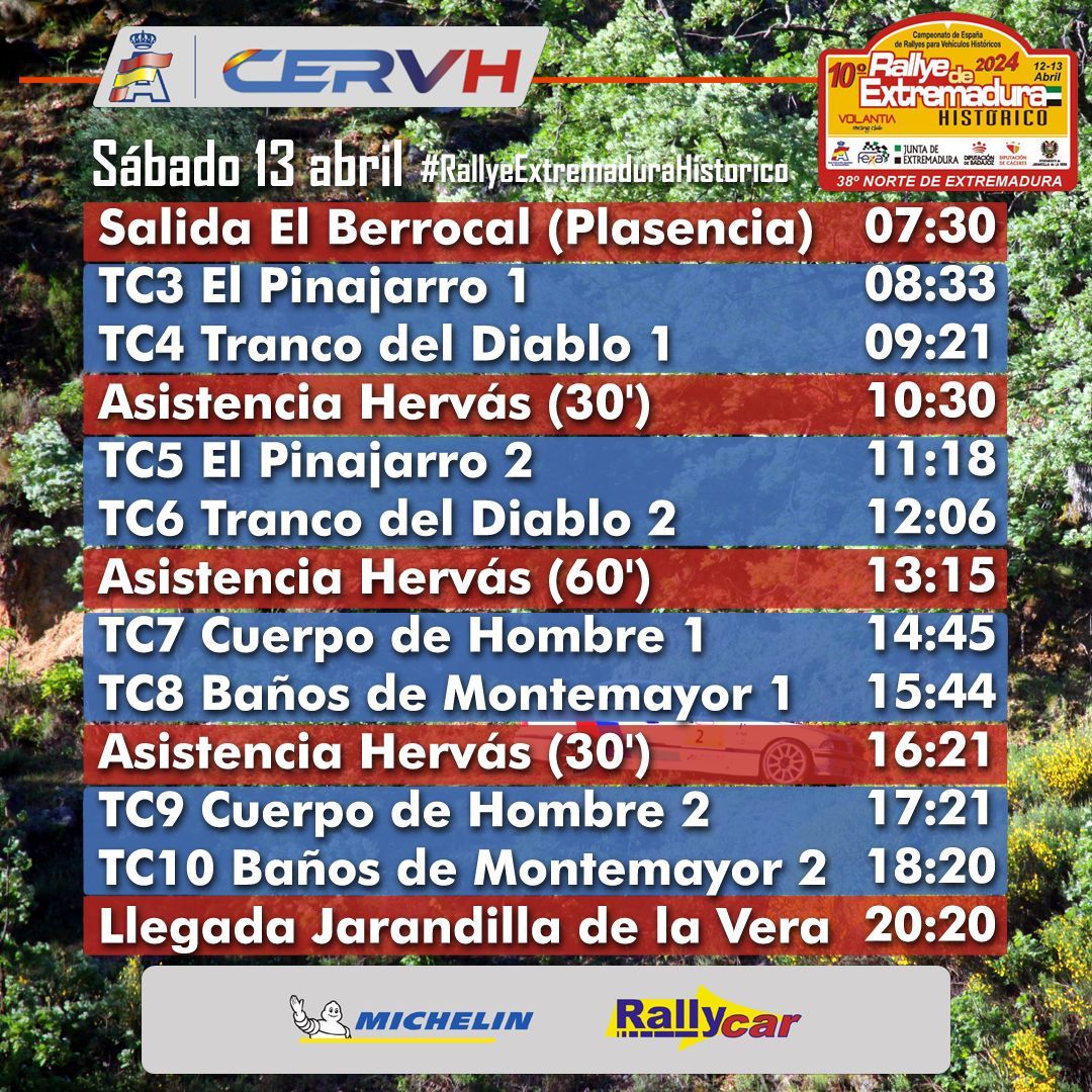 Horarios de la etapa del sábado del #rallyeExtremaduraHistorico, segunda prueba del #CERVH 2024. ⏱️ Tiempos en directo 👉 volantia.es