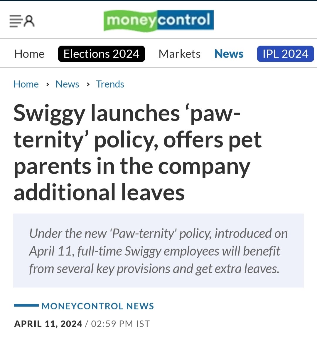 Two news items about a day apart. 1. Swiggy's health insurance for their delivery workers is dependent on them meeting targets. 2. Swiggy's corporate workers get additional leave if they have pets.