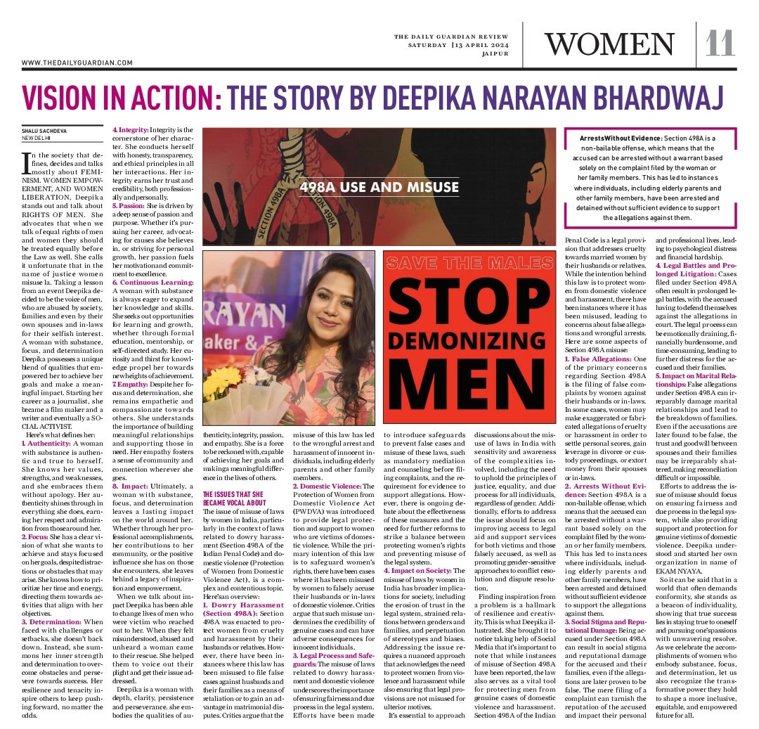 Featured in The Daily Guardian Jaipur Edition today in their special on Women in Action. Talked about #498A, my documentary films Martyrs of Marriage, India's Sons & more ! Watch India's Sons: indiassons.com Martyrs of Marriage: youtu.be/vKRAkw5RUdw