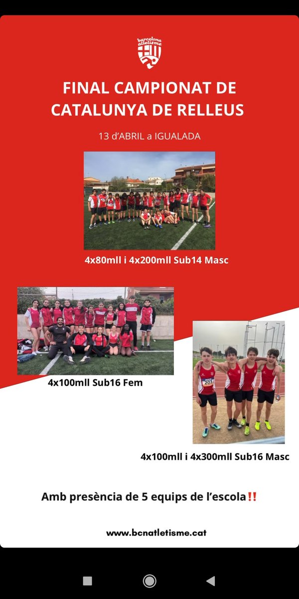 A la final del Cnat. de Catalunya de Relleus, el 13 d'abril, portem 5 equips de l'Escola.

Aquí els teniu 👇 Molta sort 💪 
#AtletismeCatalà #Atletisme