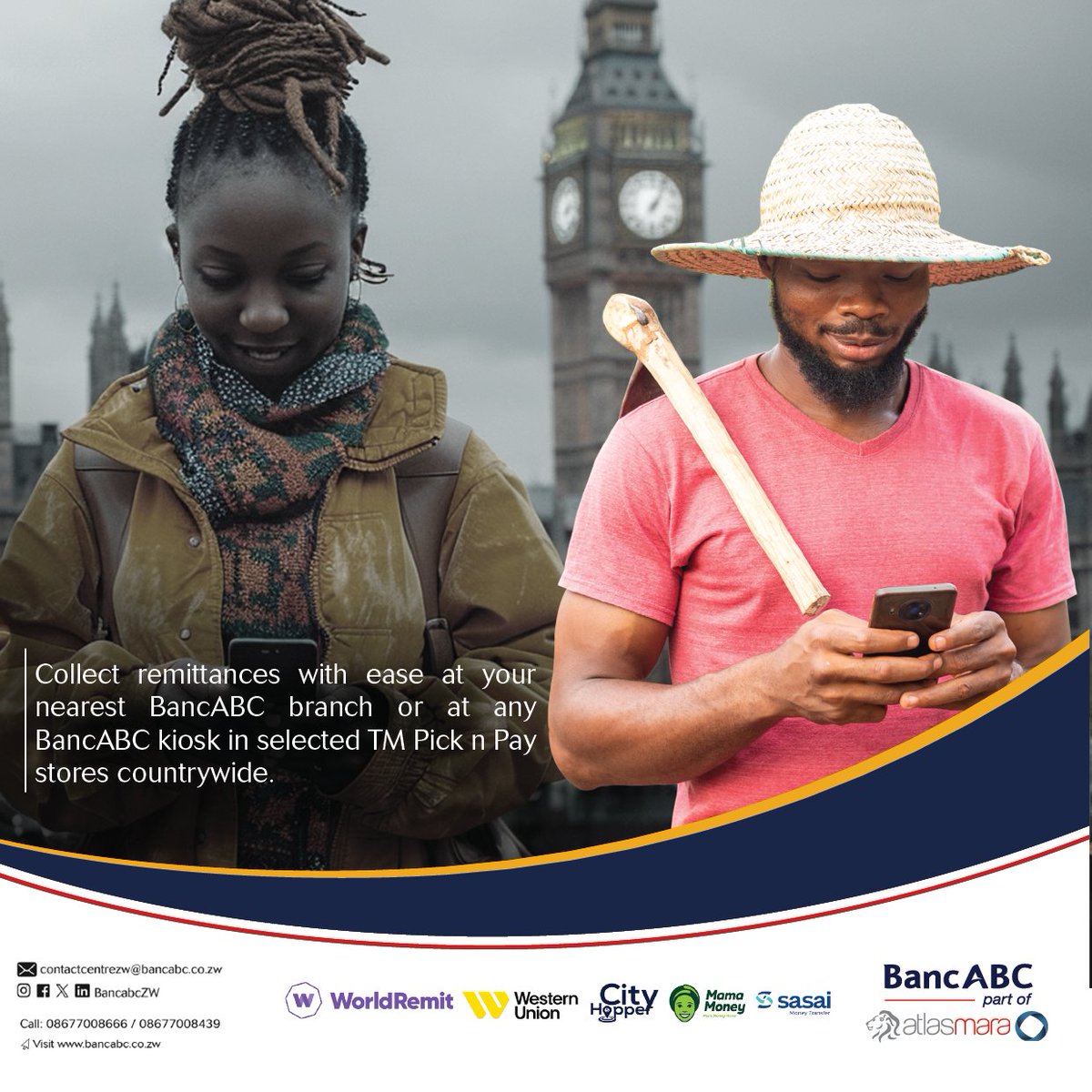 Enjoy the convenience of accessing💸 ✅ World Remit ✅ Mukuru ✅ City Hopper ✅ Western Union ✅ Mama Money ✅ Sasai Money Transfer Available at @BancabcZW dedicated Remittance Centres in Harare & Bulawayo, branches & kiosks in selected TM Pick n Pay outlets. #BankDifferent🏦