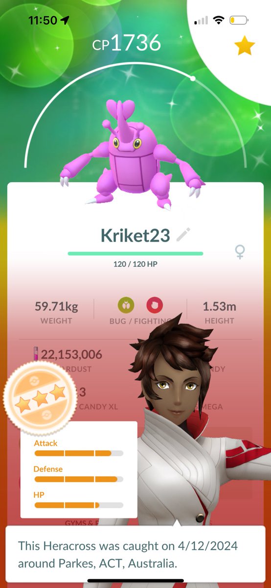 Thanks <a href="/Kriket_23/">Kriket</a> for the raids! Got my first shiny Heracross! You are just the best!