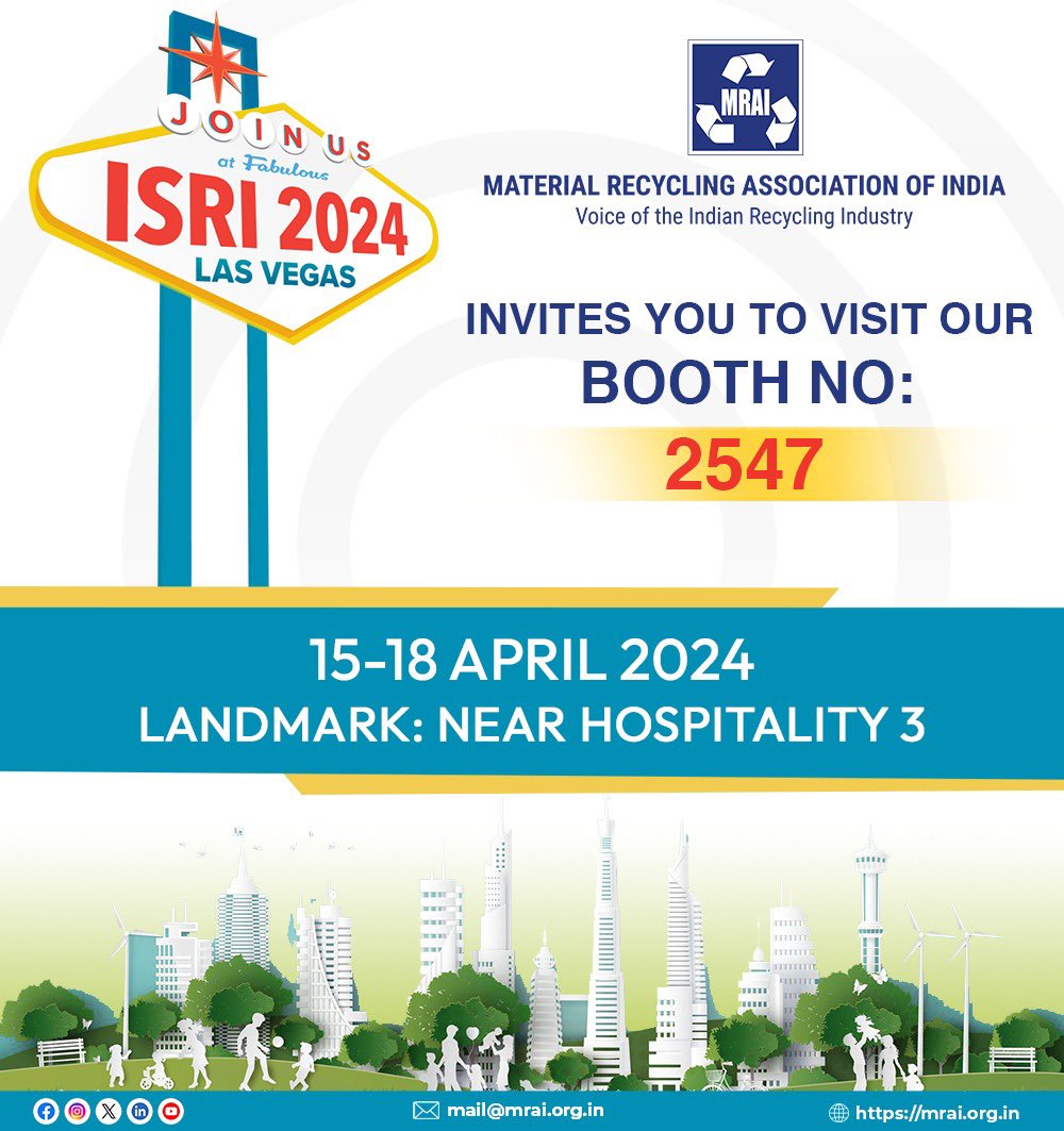 mrai_india's tweet photo. #MRAI is excited to announce its participation at the ISRI’s #ISRI2024 Convention & Exposition in Las Vegas.
Join Us! Looking forward to welcoming you at booth no. 2547.
See you there!
#MRAI #MRAIForRecyclingIndustry #RecyclingAssociation #AssociationPartners #KeepRecycling https://t.co/TwRNgpO89P