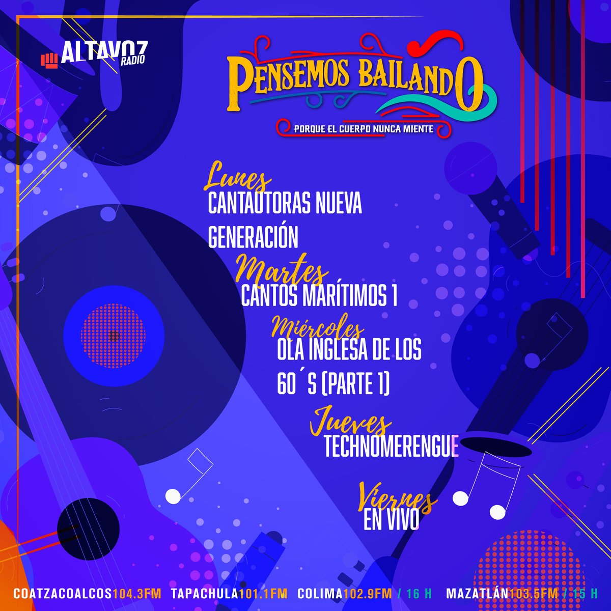 ¡La música no dejará de sonar en #PensemosBailando!🎶
Lunes: Cantautoras Nueva Generación
Martes: Cantos marítimos 1
Miércoles: Ola Inglesa de los 60´s (parte 1)
Jueves: Technomerengue
Viernes: En vivo

🌎Web y emisoras 16H
🏖️Mazatlán 15H