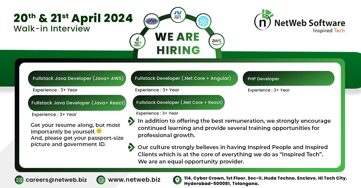 Join us for an #WalkInInterview drive on the 20th and 21st of April in #Hyderabad! Come and explore exciting career opportunities with #NetWeb. Discover diverse roles, & competitive perks, & experience a vibrant work culture. Don't forget to bring your resume and enthusiasm.