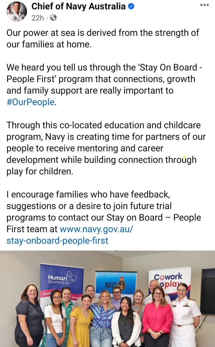 It's not every day that @CN_Australia posts about a program specifically designed for #Defencepartners & parents. I'm buoyed by the way that Navy has gotten behind this trial. I hope to see backing of other innovations created by families 4 families in the near future #socent