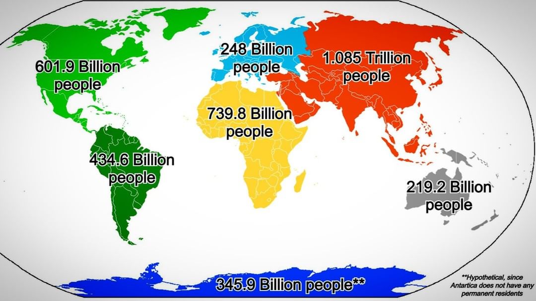 Earth's continents if they all had the same population density as Monaco
