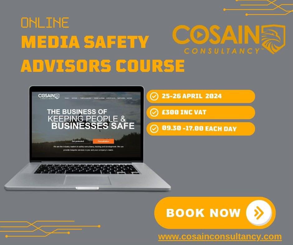 As April progresses, we're down to our final spots for our ONLINE course 25/26 April 2024 and our next In-Person course 13/14 May 2024 in Richmond, London. 

Sign up today at cosainconsultancy.com 

#MediaSafety #SecurityIndustry #NicheSecurity #JournalistSafety #GlobalCoverage