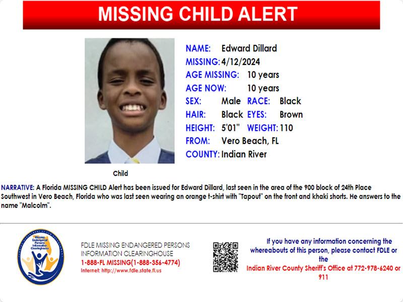 PLEASE SHARE!! – A Florida MISSING CHILD ALERT has been issued for Edward Dillard, a Black male, 10 years old, 5 feet 1 inch tall, 110 lbs, black hair & brown eyes, last seen in the area of the 100 block of 24th Place Southwest in Vero Beach, FL.