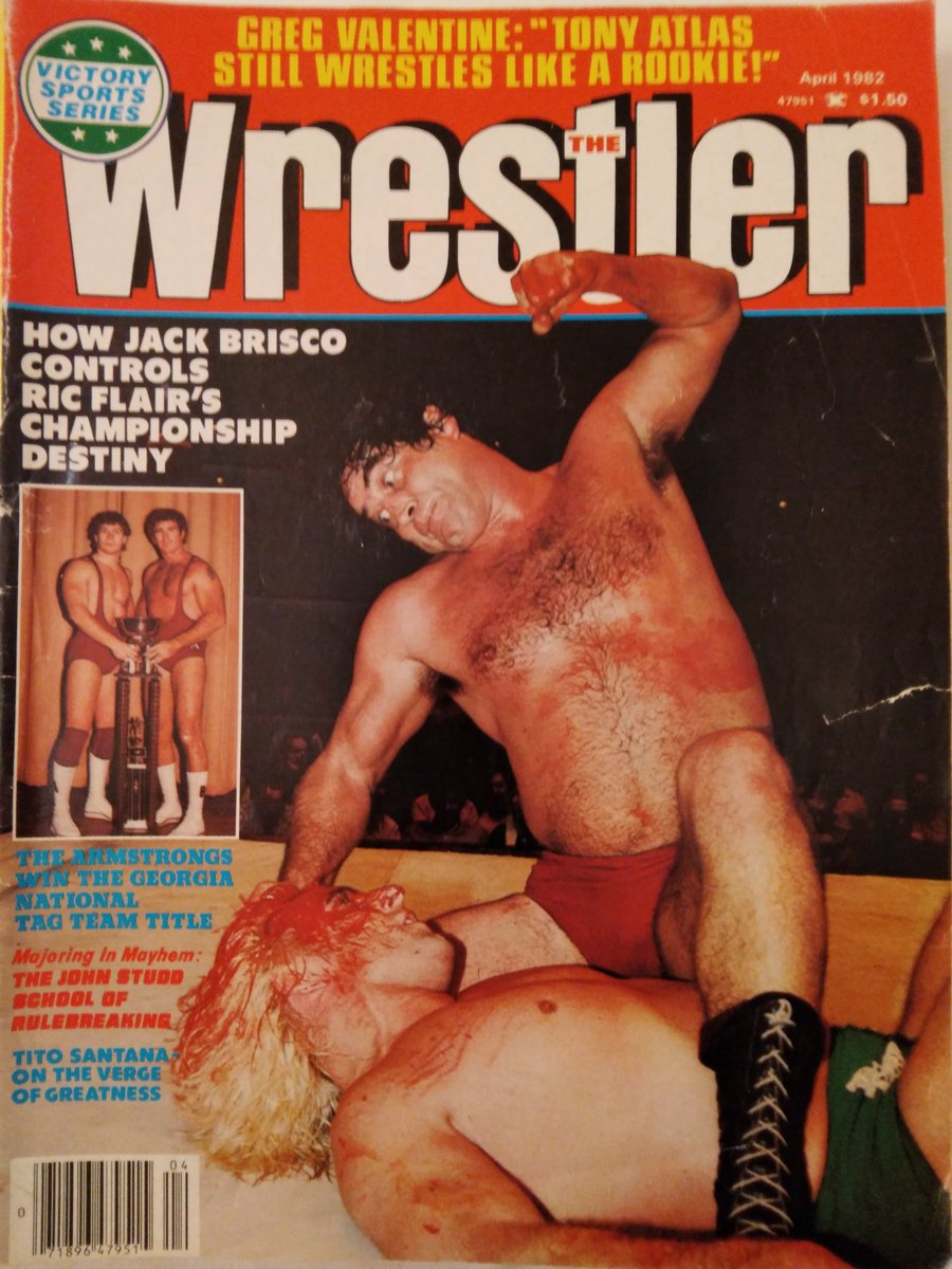 Arnie's archives: Former NWA world champion #JackBrisco pummels #RicFlair into a state of disarray on the cover of the wrestler April 1982 @RasslinGrenade