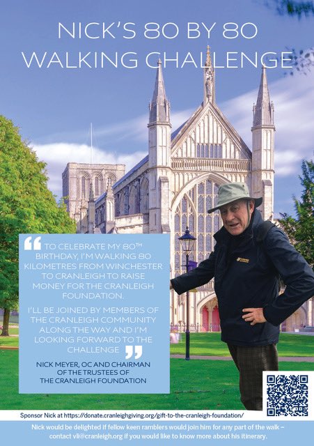 Today Nick Meyer (2&3 South 1962) commences his 80 by 80 walking challenge with a blessing by the Bishop @ Winchester Cathedral. If you would like to walk with him during part of this challenge please contact vli@cranleigh.org @OldCranleighans @cranleighschool