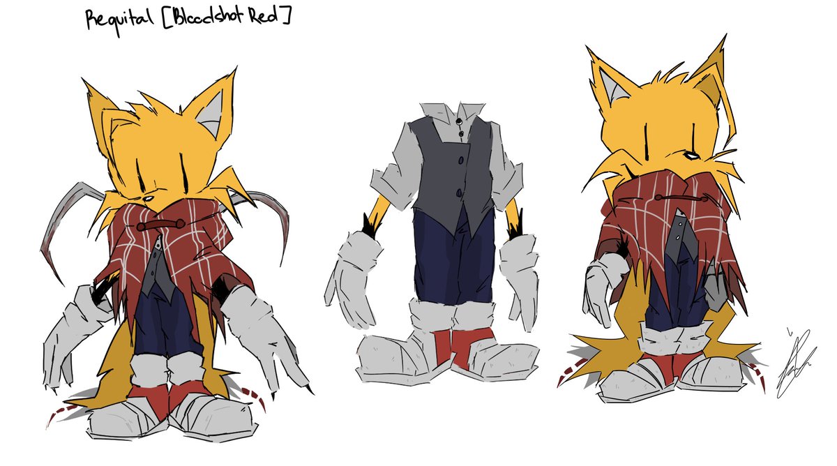 I am glad to finally reveal the next character design along with their VA!! I present to you all Requital !! He's made by @CommandoDev_, and will be voiced by @GasGrass4!! And ofc thank you to @Yo_Army_21_ for making his and everyone else's refs <3 #DRBloodshotRed #sonicexe