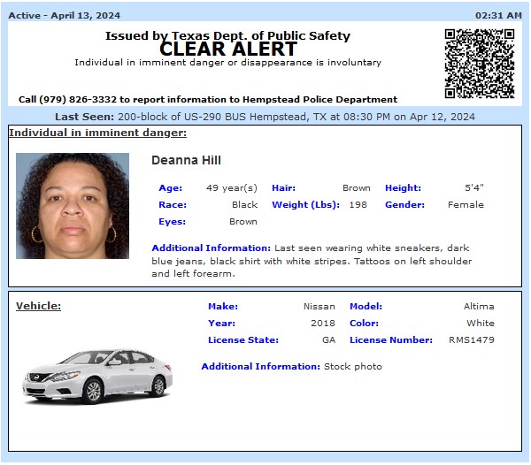 TX_Alerts's tweet image. ACTIVE MISSING ADULT ALERT for Deanna Hill from Hempstead, TX, on 04/13/2024,GA plate RMS1479
