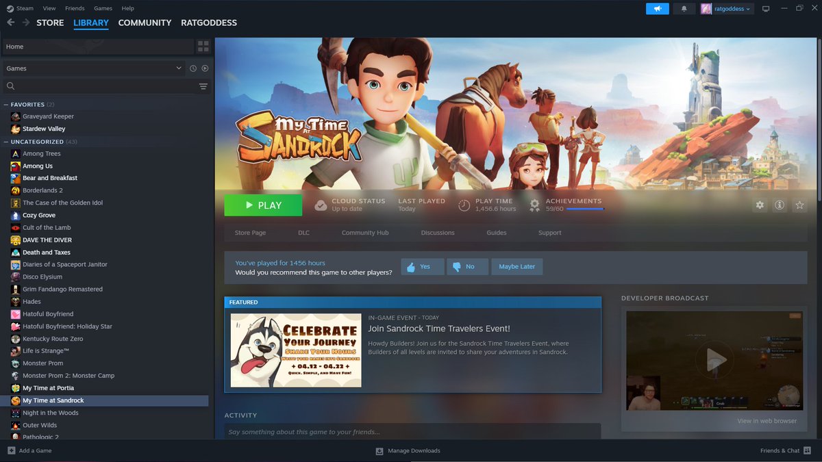 drunkenhw's tweet photo. I've played #MyTimeatSandrock for over 1,400 hours because it's the best game in years. It's witty, gorgeous, relaxing, and a very special place. https://t.co/gFx2zHWUKp