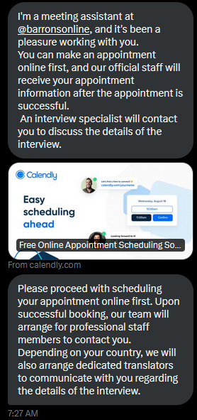 JusticeRage's tweet image. Interesting trick used by scammers over DMs. They invite you to click on a link which appears to lead to the calendly website, but if you check the resulting URL, you will end up somewhere else (i.e., hxxps://calindaly[.]com/). How does this work?
