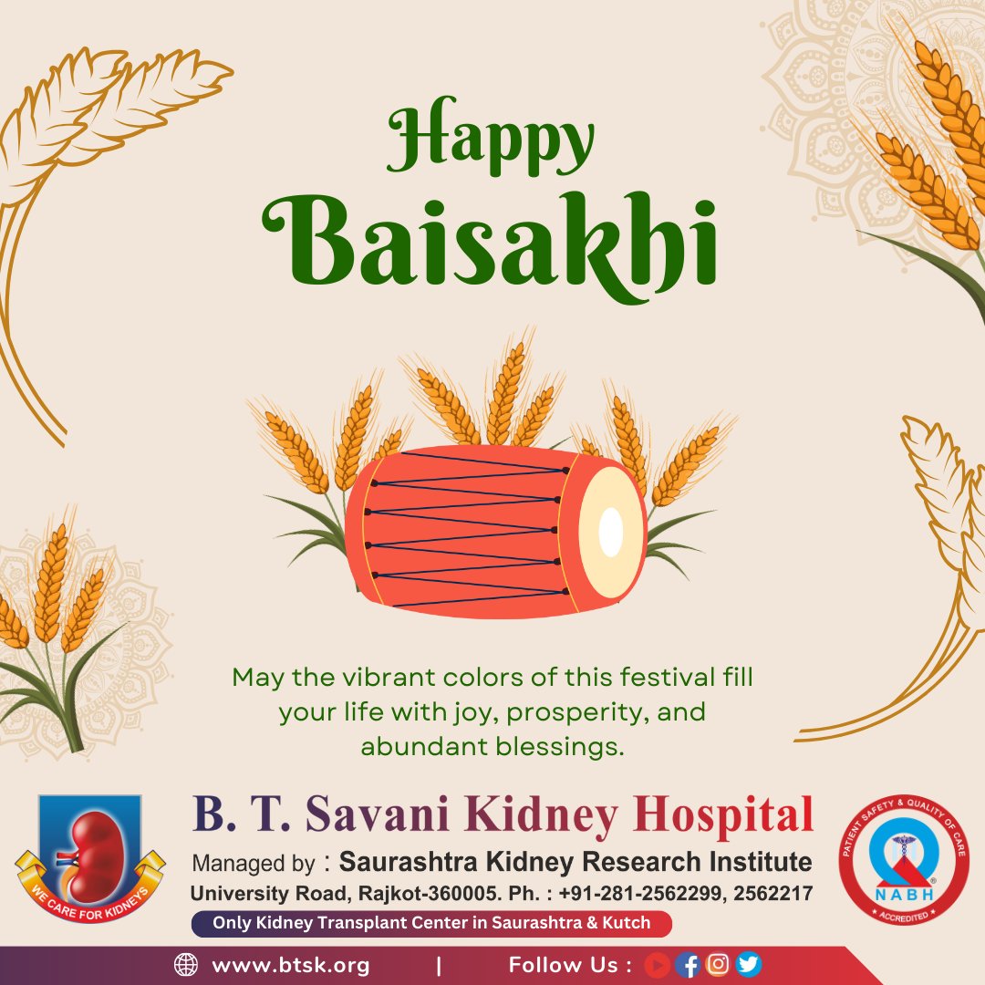 Here's to new beginnings, prosperity, and the warmth of shared moments. Happy Baisakhi to all!
#baisakhi2024 #SikhNewYear #harvestfestival  #JoyOfSharing #festivalvibes #CultureAndTradition #BaisakhiCelebrations #btsavani #BTSavaniKidneyHospital #Rajkot #health #hospital #india