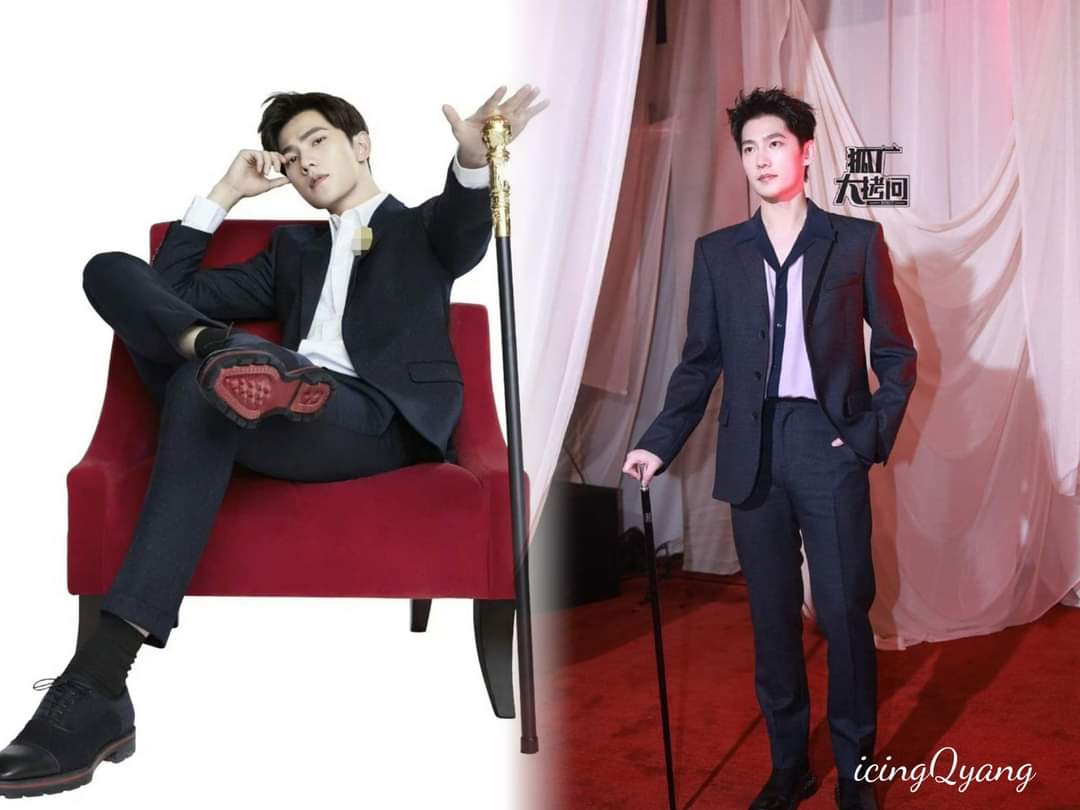 #thenandnow who would have thunk that the laid back pose of #YangYang杨洋 years ago would reprise itself today with similar clothing , colors and a cane, but today the cane is real and not a prop. He makes using a cane  seductive to the eye as he wields it with #panache.