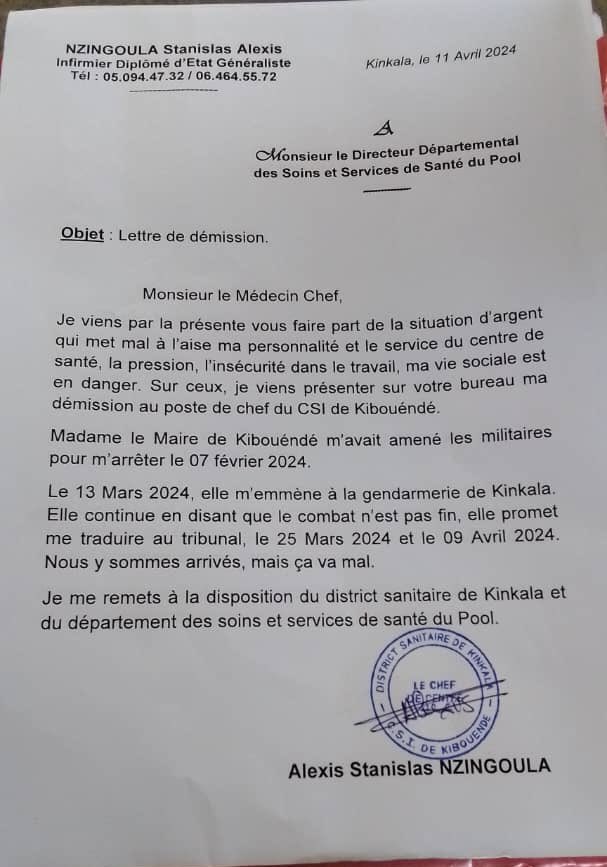 Lettre de Démission de Mr NZINGOULA Stanislas Alexis Chef du CSI de #Kibouéndé. 
' Mme le maire de Kibouéndé m’avait amené les militaires pour m’arrêter le 07 Février 2024' 
#ChezmoiAuCongo #Brazzaville