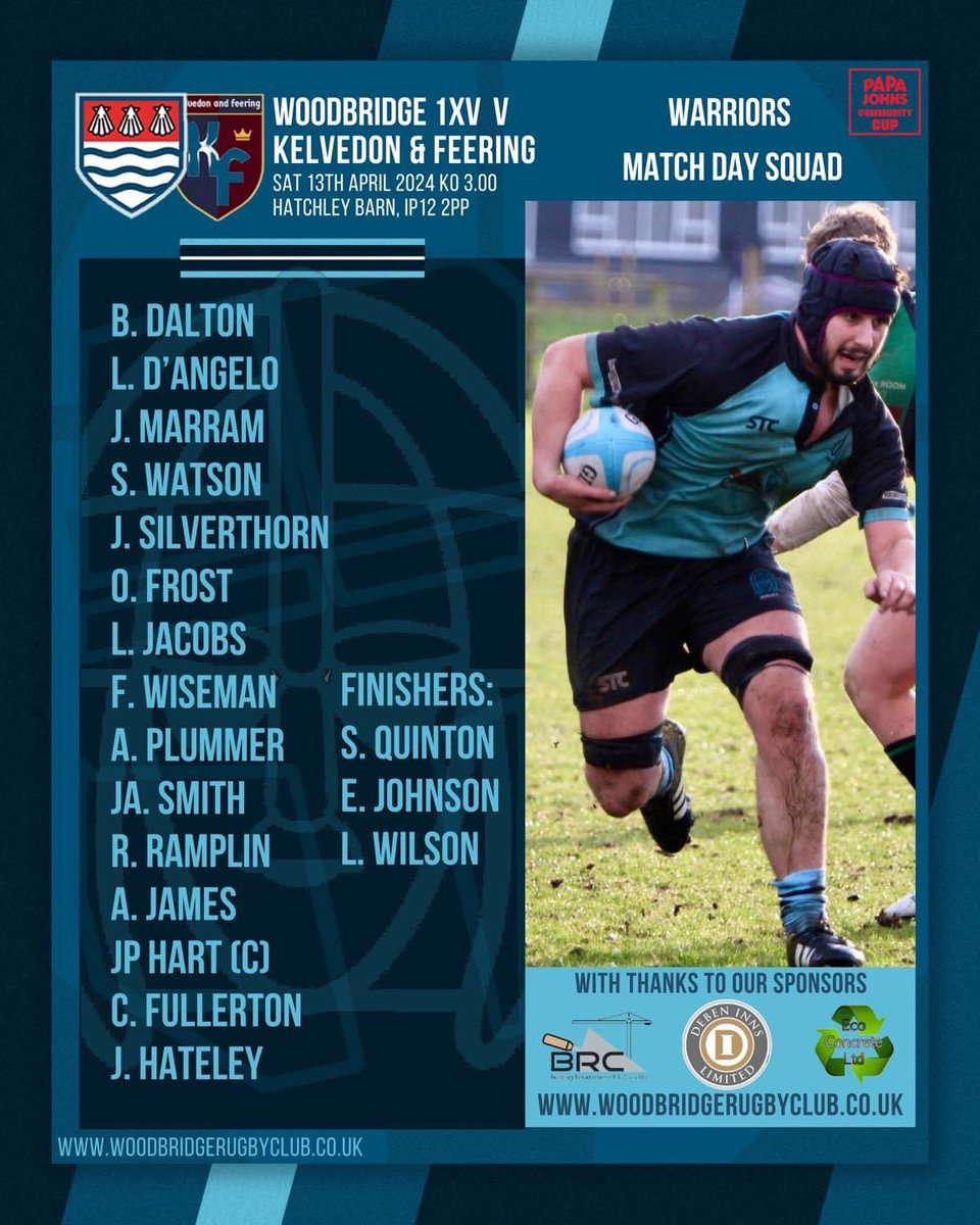 Your Warriors 1XV squad ahead our home Papa Johns Pizza Community Cup game.  We welcome  Kelvedon and Feering Rugby Club from the Essex North County 2 League.
Kick off is at 3pm today. see you there!
#easterncountiesrugby   #woodbridgerugbyclub #teamwork #rugbyfamily🏉 #wrufc