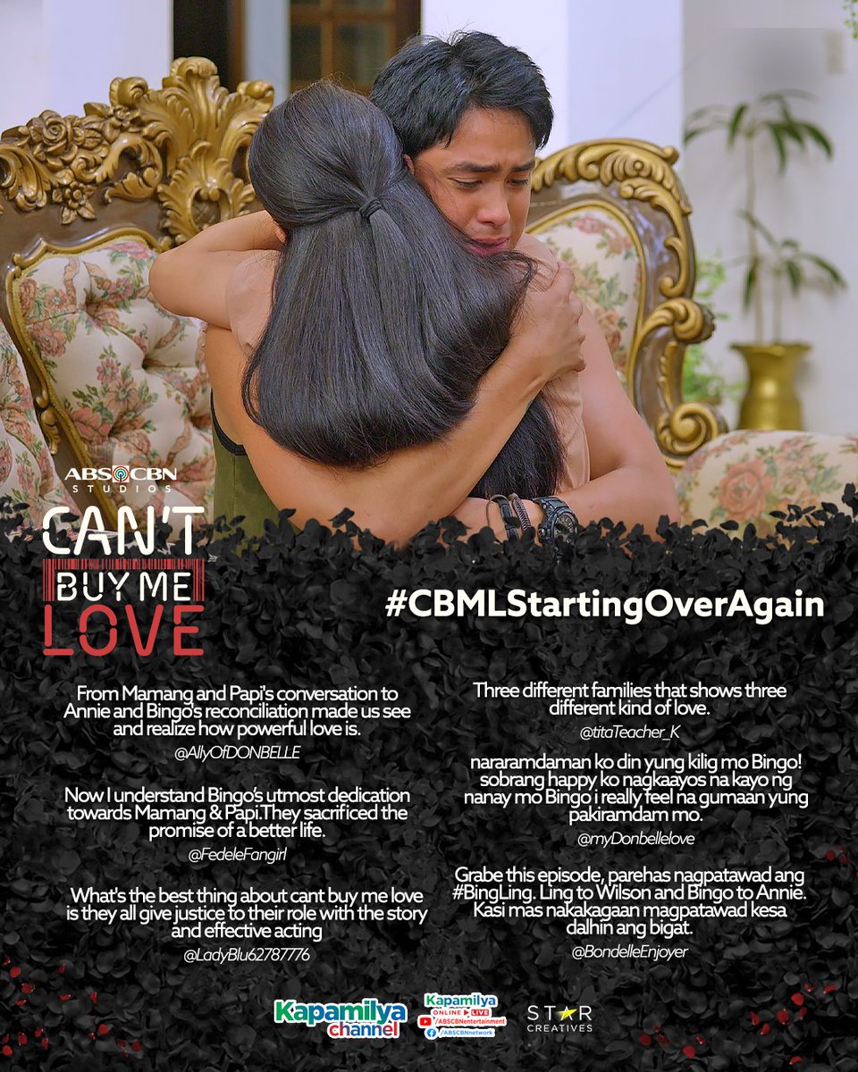 Importante talaga ang love and forgiveness for the family. This is the key to #CBMLStartingOverAgain for Bingo and Ling’s family ❤️‍🩹 Catch #CantBuyMeLove weeknights at 9:30PM on Kapamilya Channel, Kapamilya Online Live, A2Z, JeepneyTV and TV5 🏷️❤️