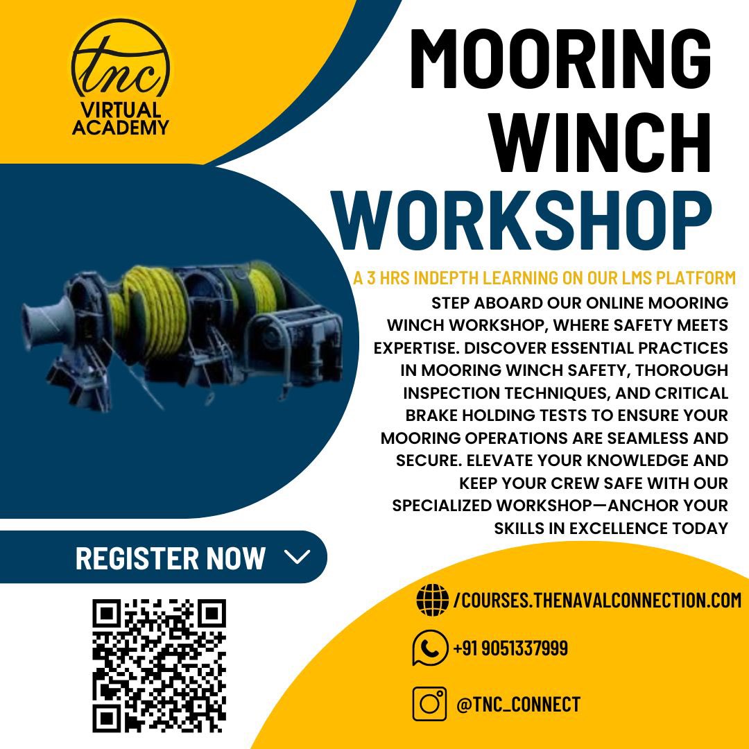 Secure your ship like a pro 🚢! Join our Mooring Winch Workshop at The Naval Connection (TNC) and master the essential skills for operating and maintaining mooring winches. 
 #mooringwinch #seafarertraining #TNCWorkshop  #seafarers #onlineworkshop #seafarerlife #seafarerjob
