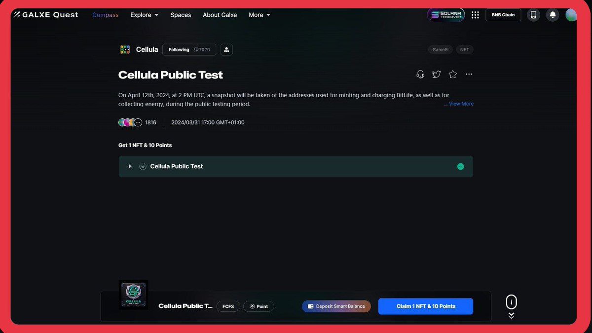 Update on @cellulalifegame 📸 Cellula Public Test. 'On April 12th, 2024, at 2 PM UTC, a snapshot will be taken of the addresses used for minting and charging BitLife, as well as for collecting energy, during the public testing period'. Check if you're eligible to claim this on…
