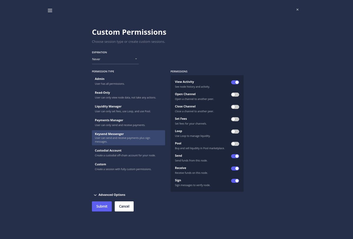 We worked with <a href="/lightning/">Lightning Labs⚡️🌐</a> to add a new Keysend Messenger custom permission into Terminal. This means you can now chat over lightning even more securely, using only the minimum requirements. 🔐