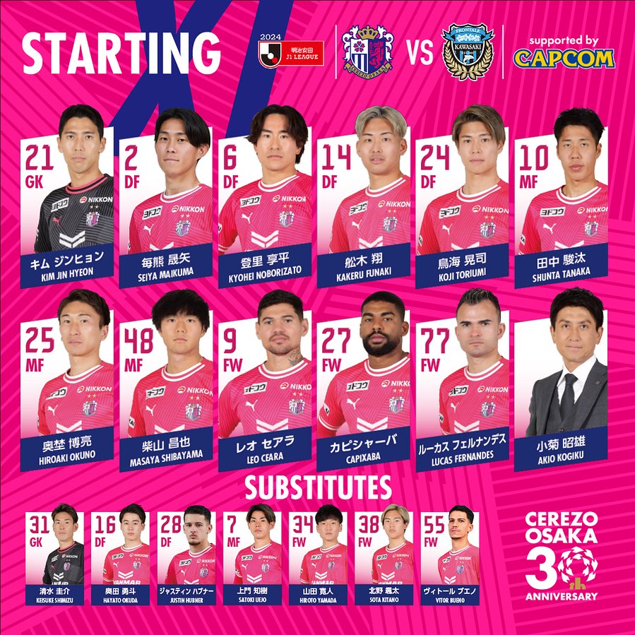 Berikut susunan pemain Cerezo Osaka untuk pertandingan melawan Kawasaki Frontale dalam lanjutan J1 League 2024, Sabtu (13/4/2024) jam 13.00 WIB Justin Hubner ada di bench. Semoga dapat menit bermain yang lumayan. #jleague