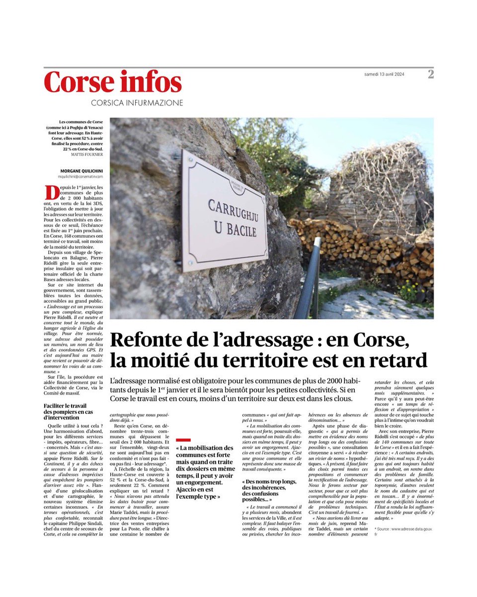pichjulellu's tweet photo. Corse-Matin du samedi 13 Avril 2024

Nous, chez Pichjulellu, nous sommes le seul partenaire insulaire de la Charte de la Base d’Adresse Locale. Nous accompagnons aujourd’hui plus de 140 communes sur l’île dans la réalisation de leur adressage communal ! https://t.co/vzJMfmVRP5