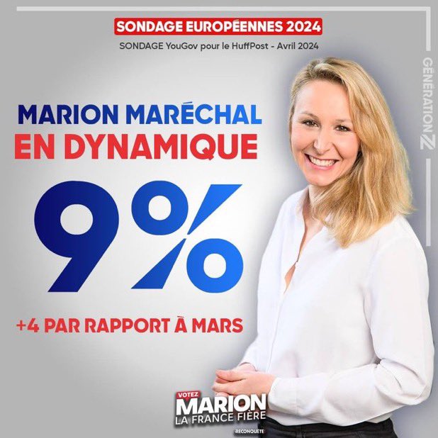 #AvecMarion9Juin2024 #AvecMarion #Reconquête #Europeennes2024 
🇫🇷🌿LA France Fière 🇫🇷🌿#francelibre

#MarionMaréchal 👉➕4️⃣% depuis Mars 
Remontada à 9️⃣%

Il faut continuer les efforts, l’information,