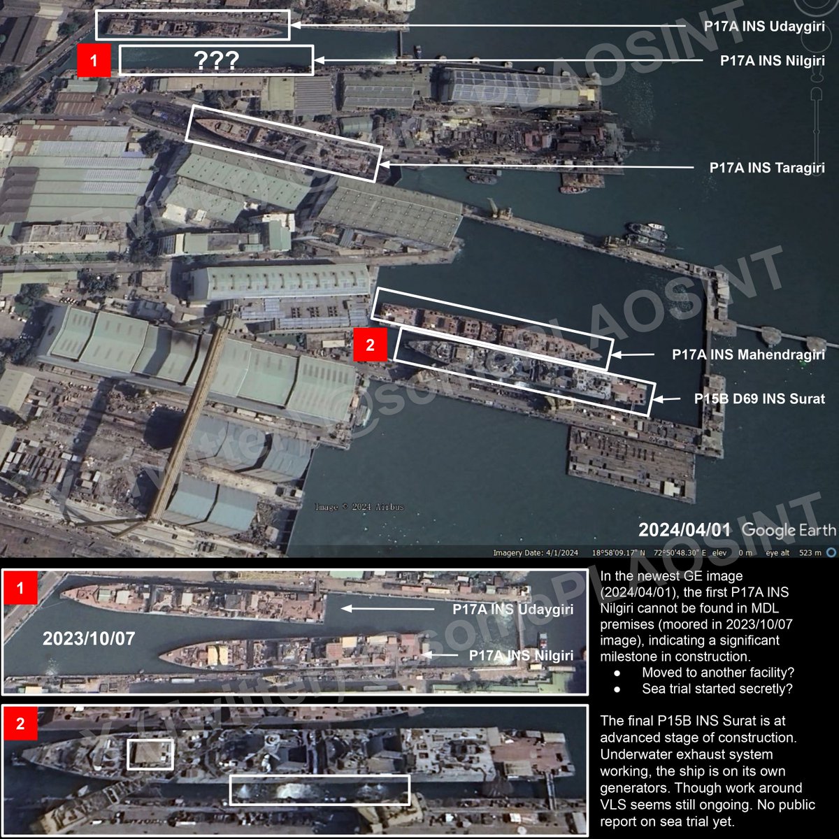 Update on the 🇮🇳 Indian Navy shipbuilding at MDL.

->First P17A FFG, INS Nilgiri, seems left the builder's premises, indicating a significant milestone in construction (moved to another facility? secret sea trial?)
->Last P15B DDG, INS Surat is at final stage of construction