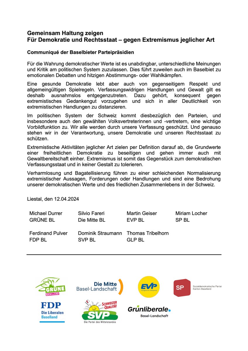 EVP_BL's tweet photo. Extremismus ist das Gegenstück zum demokratischen Verfassungsstaat und in keiner Gestalt zu tolerieren. Die Parteipräsidien @DieMitte_BL @EVP_BL @FDP_BL @glp_BL @grueneBL @sp_bl &amp; @svp_bl stehen für #Demokratie und #Rechtsstaat ein und sind gegen Extremismus jeglicher Art.👇 https://t.co/NMfseAOoHU