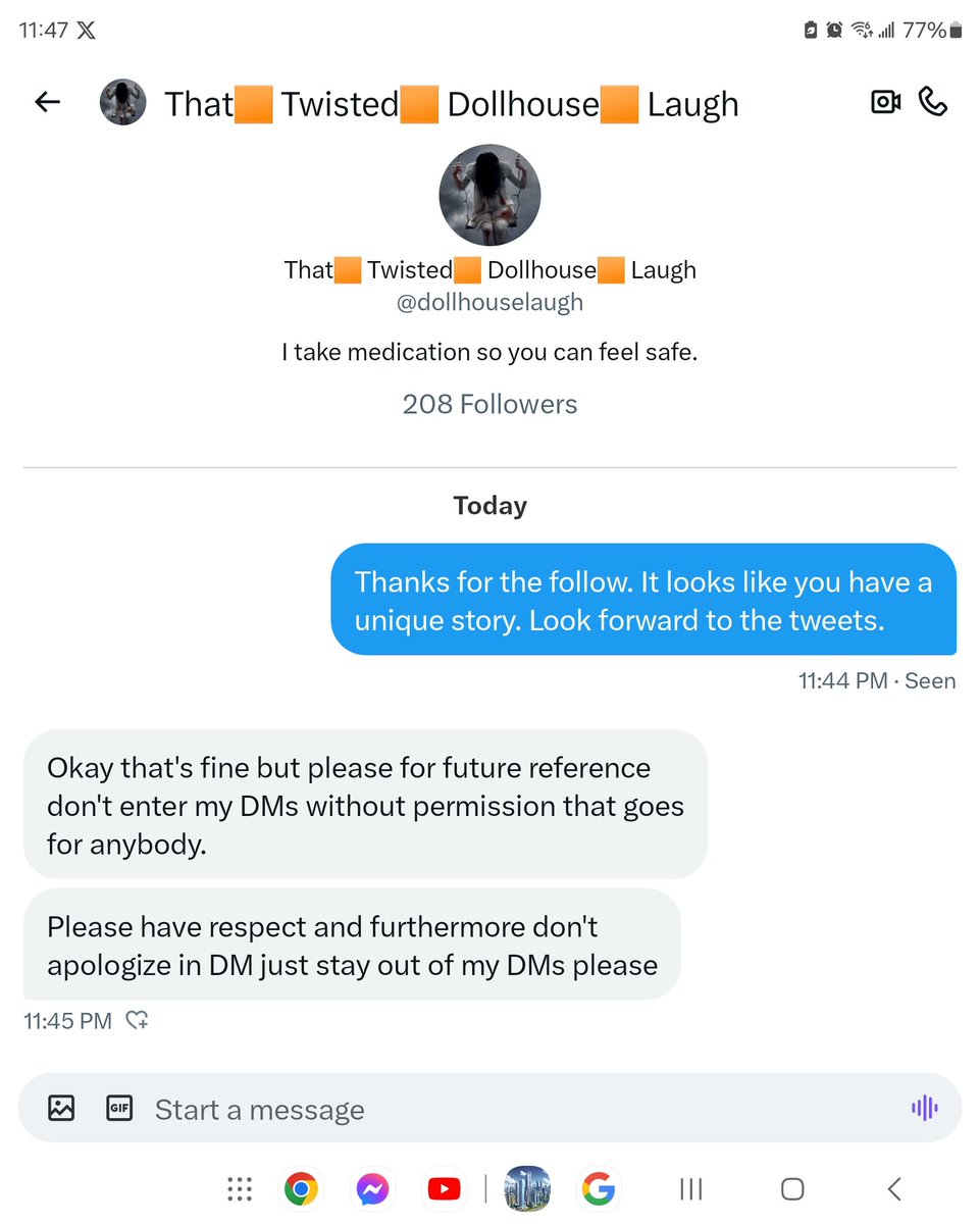 Kaulder22's tweet photo. @dollhouselaugh You were DM'd BEFORE you told him not to DM you. Here is the receipt, you lying cunt. He was trying to make a friend. You were an asshole. You are a liar. Maybe next time done respond to his tweets. Liar. Fake. Fraud. You are a professional victim. Loser. https://t.co/ZP7o8iSFEm