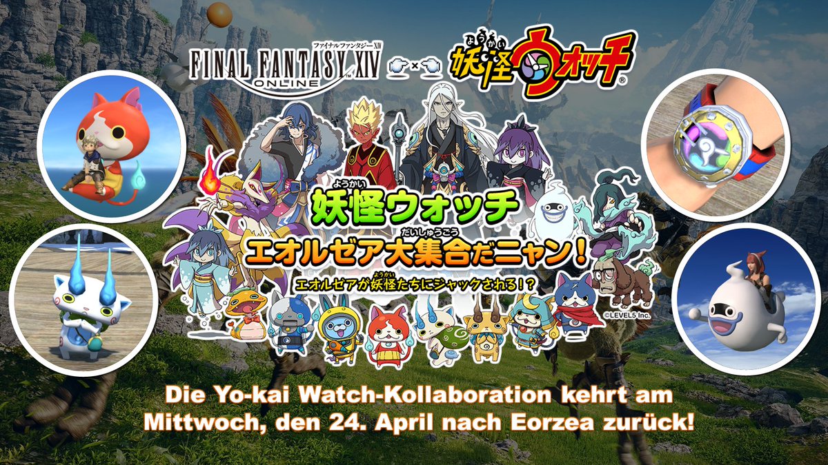 FF_XIV_DE's tweet photo. Ab Mittwoch, den 24. April 2024 sind in Eorzea wieder die Yo-kai los!

Das #FFXIV x #YokaiWatch Sonderereignis kehrt zurück! 🐈

Dieses Mal gibt es ein neues, exklusives Portraitmaterial für euch! 🖼️ https://t.co/WNhm9UPBUQ