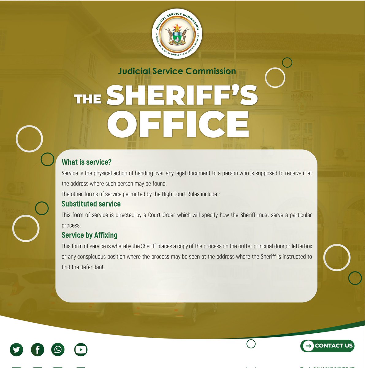 Know your departments. Today, we are looking at the Office of the Sheriff. Enjoy the read, and do not forget to like, share, and comment. @NPAZim @lawsocietyofzim @HeraldZimbabwe @DailyNewsZim @MoJLPA @StarfmZimbabwe @ZiFMStereo @abc_auctions