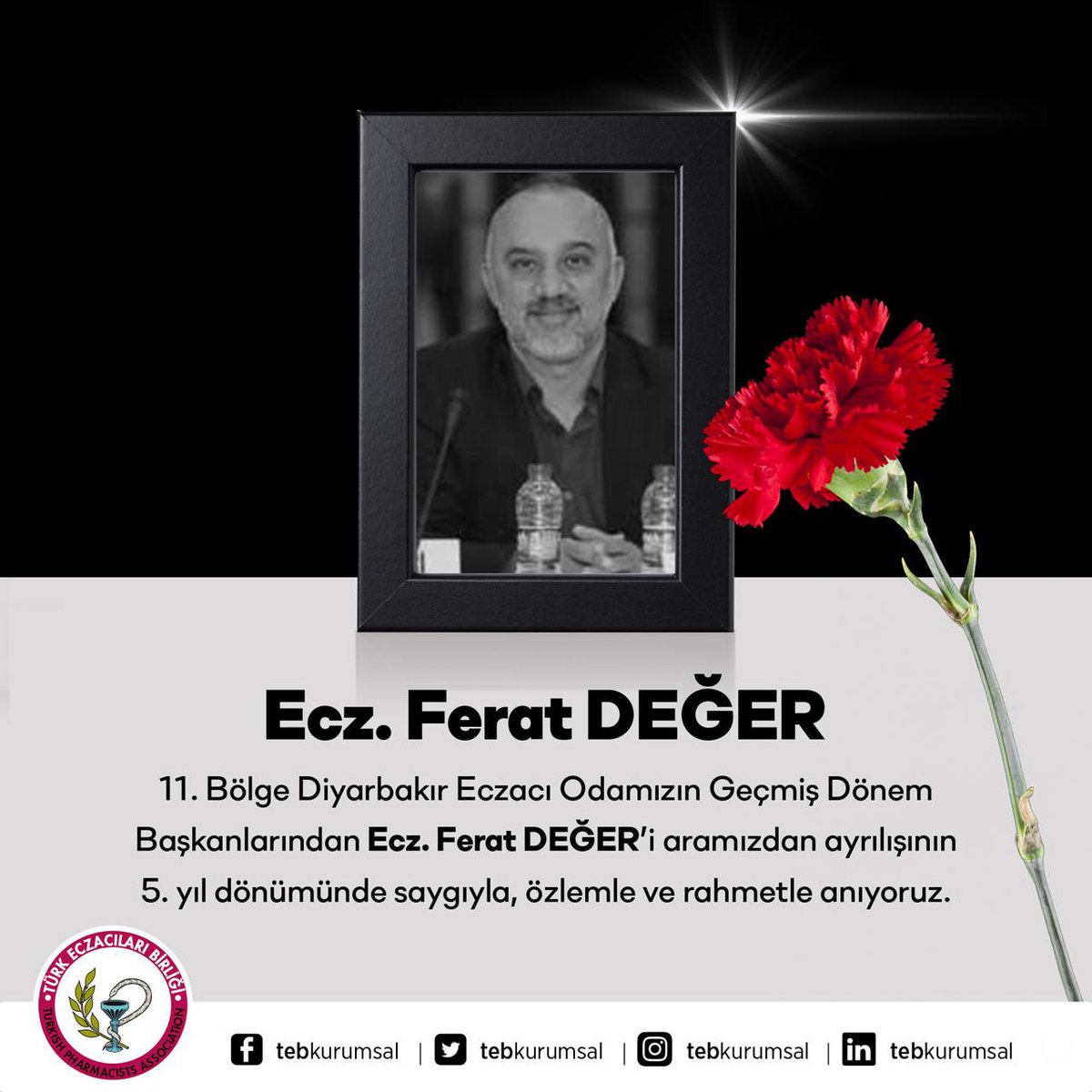 Bugün kıymetli dostum, meslektaşım Diyarbakır Eczacı Odamızın değerli Başkanı Ecz. Ferat Değer’in çok genç yaşta aramızdan ayrılışının 5. yıldönümü. O’nu her zaman gülen yüzüyle hatırlamaya devam edeceğiz. Ferat'ı özlemle, saygıyla ve rahmetle anıyorum.