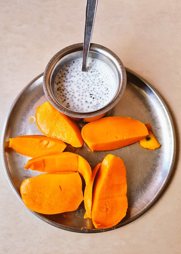 Season's first, the King of fruits arrives! 🥭
Authentic Ratnagiri Haapus (Alphonso) Mango & chilled milk with sabja (Tulsi) seeds to beat the heat 🌿

Well, sabja is a natural coolant &  power-packed with Vitamins & Omega-3 fatty acids. Goes well with any juice.

#SaatvikEating