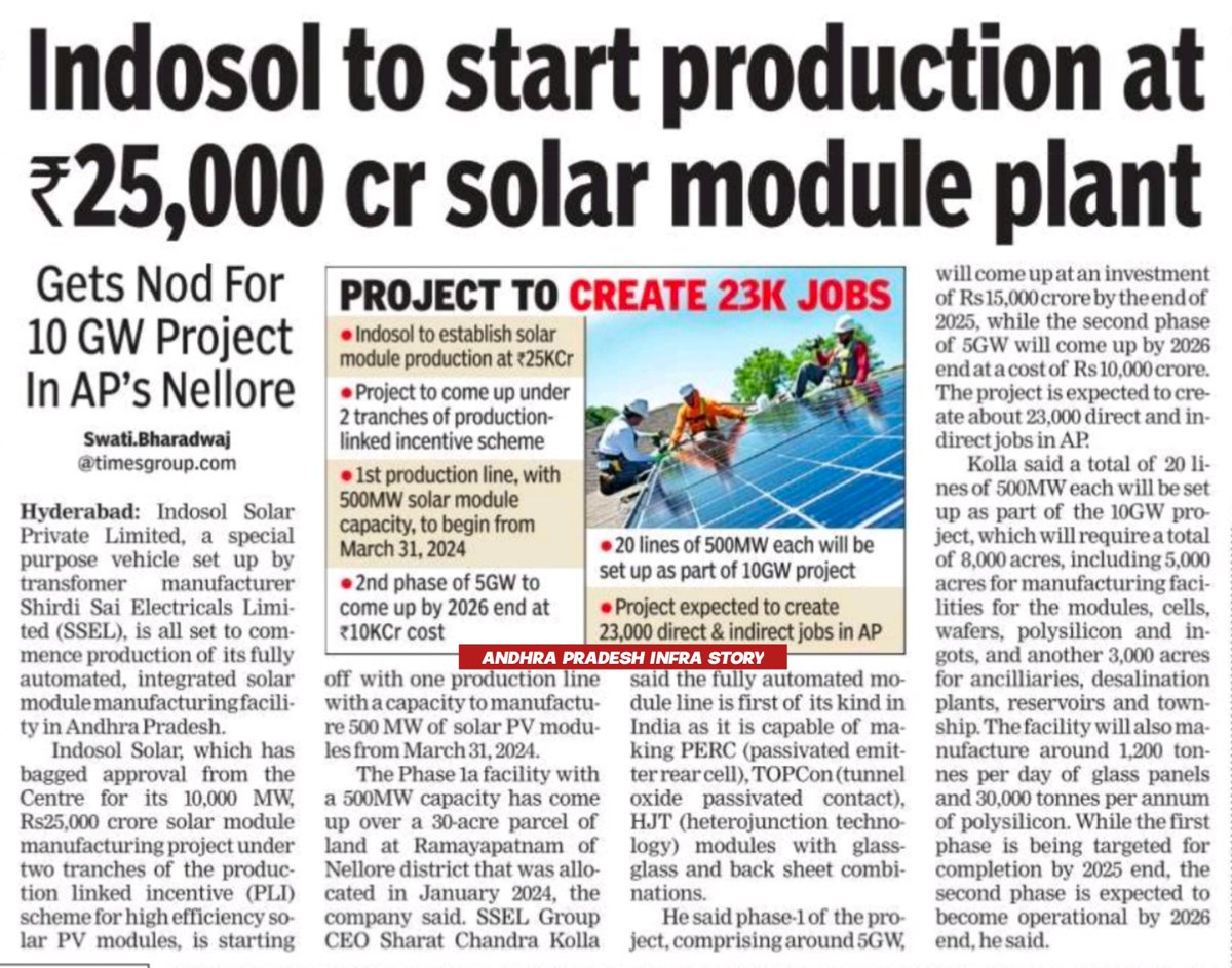 APInfraStory's tweet photo. 🔸Indosol started production at ₹25,000 crore solar pv modules manufacturing plant near upcoming Ramayapatnam Port 

▫️Project capacity : 10GW 
▫️Investment : ₹25,000 crore 
▫️Jobs : 23,000

#AndhraPradesh #Nellore #RamayapatnamPort #Indosol #SolarPVModules #AdvantageAP #InvestInAP #APInfraStory