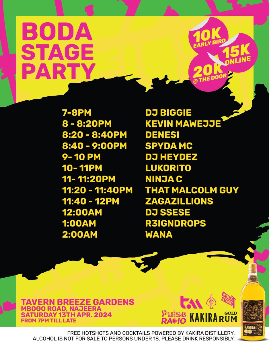 boda_stage's tweet photo. The day is heeeeereeeeeee π₯π₯π₯
The Menu is ready and Dinner will be served at 7pm sharp πΊπΎππ½
Grab your squad bundle today, comes with 4 tickets and a 750 ml bottle of Kakira Gin
See you at the Stage π
#TheBodaStageParty #partyneverstops #drinkdifferent https://t.co/GQM9Ox0QVF