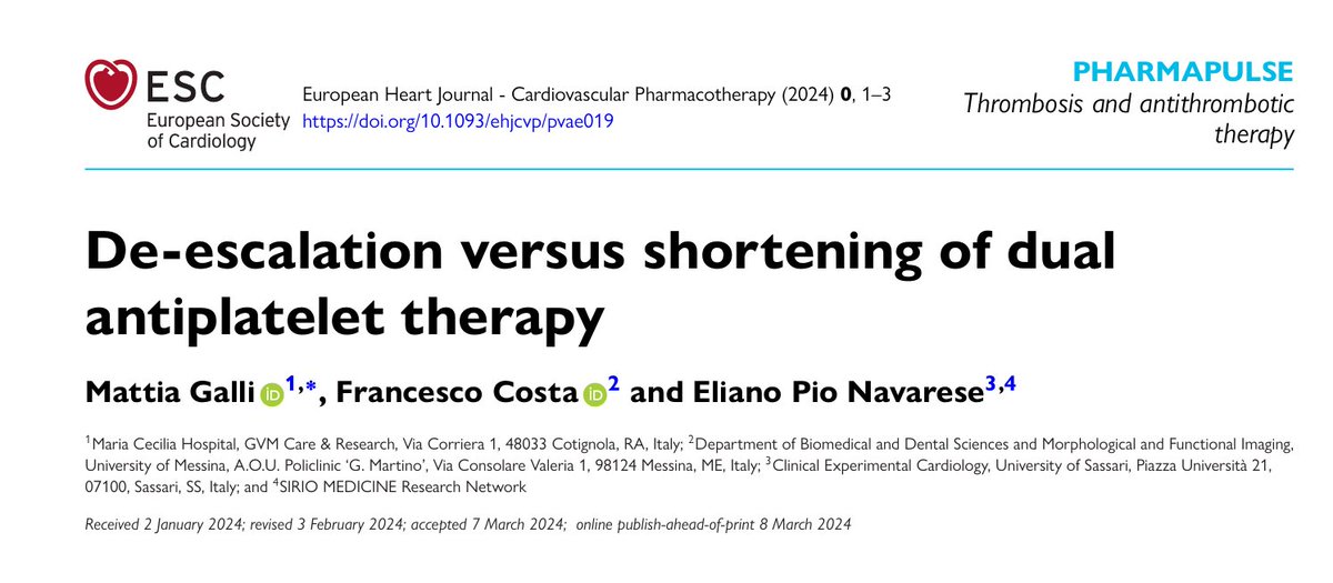 De-escalation and short DAPT strategies are both important approaches to reduce post-PCI bleeding in clinical practice. A new #PharmaPulse is now online in #EHJPharmacotherapy bit.ly/3TMccW4 @FeliceGragnano @EditorEHJCVP @MattiaGalli10 @ElianoNavarese @Costa_F_8 #DAPT