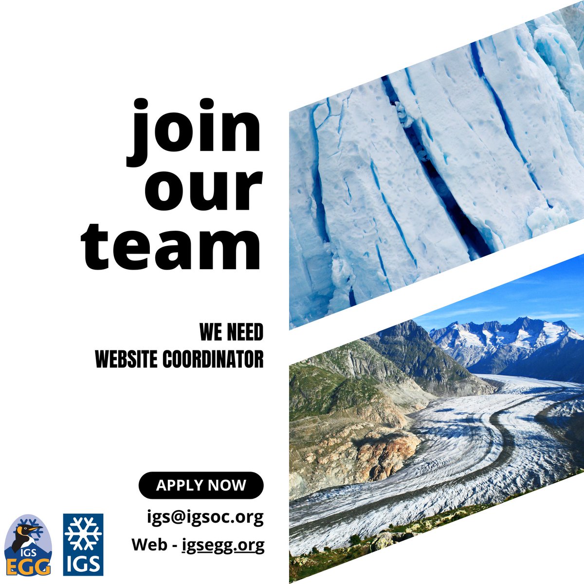 We are seeking passionate individuals who are keen in contributing to shaping the future of glaciological research and the experience of ECRs in the field.

DM us or email if you’re interested to be a part of IGS EGG

@igsoc