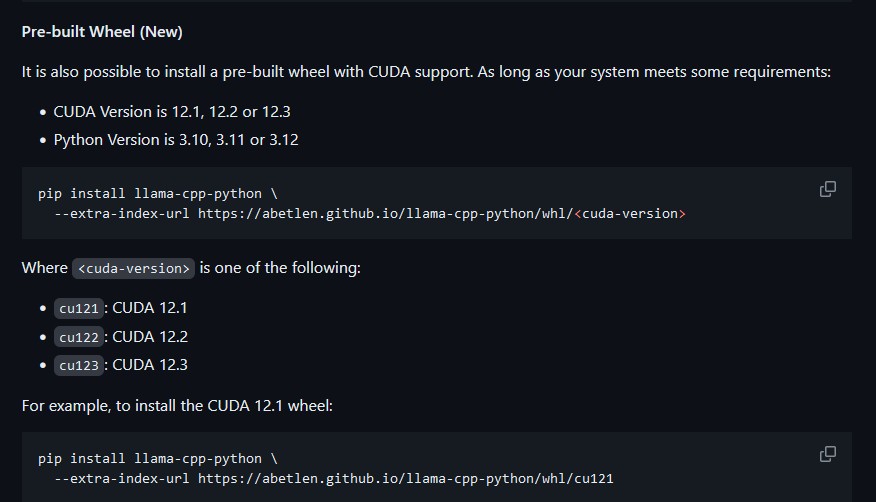 llama-cpp-python、今までGPUで動かす時はライブラリのビルド処理が必要だったが公式でビルド済みの配布を始めたため、pip ...