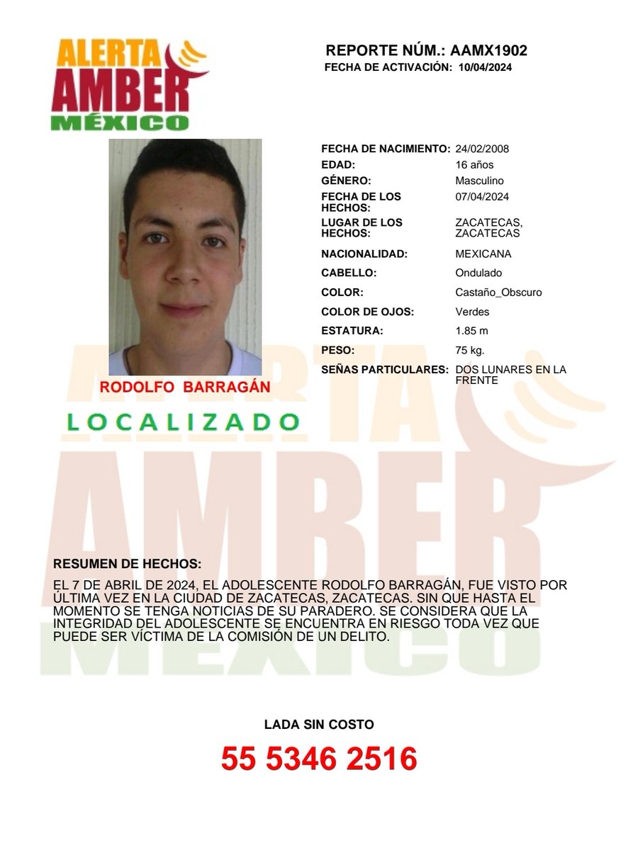 La #AlertaAMBER para el adolescente RODOLFO BARRAGÁN de 16 años, se desactiva debido a su localización. ¡Gracias por tu apoyo!