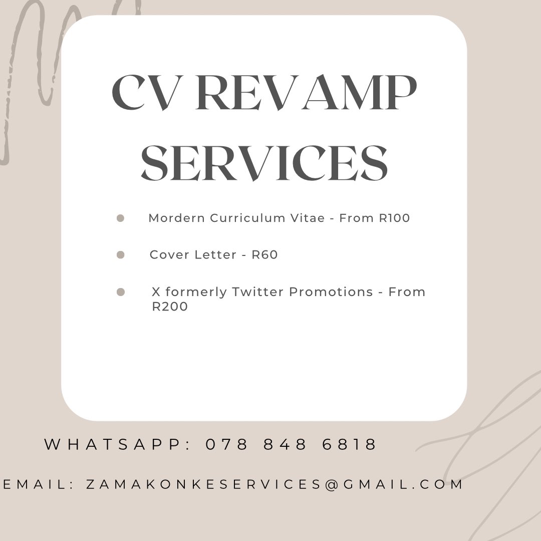 CV and COVER LETTER REVAMP 📄✔️❤️ Contact Experts for Professional CV Revamp and Cover Letter at Affordable Prices ‼️ [Services Offered] ✅Cover Letter R60 ✅Modern Curriculum Vitae from R100 Whatsapp link:📲(wa.me/message/6YW6TB…) or 078 848 6818 [TESTIMONIALS, VIEW THE…