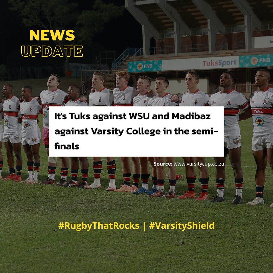 𝐍𝐞𝐰𝐬 𝐔𝐩𝐝𝐚𝐭𝐞! The 2024 FNB #VarsityShield semi-final matches have been confirmed. #TuksRugby host Walter Sisulu University at Tuks Stadium in Pretoria. The semi-finals take place on April 19. The winners in the semis meet in the final on April 26.