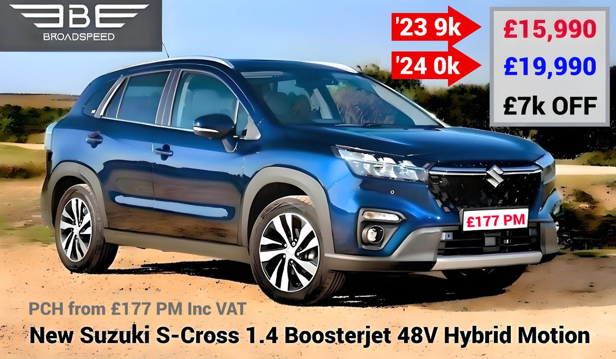 £177 PM Inc VAT* | SUZUKI SX-4 S-Cross 1.4T Boosterjet Hybrid 48v Motion Manual SUV | or... £15,990 2023 with ~9k Miles | or... £19,990 Pre-Reg '24 0 Mls | Personal Flexi-Lease* eg: £2,400 + 35x £177 PM Inc VAT 5k PA PCH 3 Years* | 10,000 Miles Adds £20 PM | PX Welcome | Fee £199