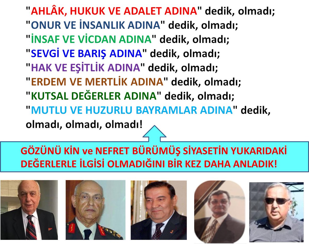 BUGÜN 13 NİSAN 2024 Bir bayram daha bitti, ama hukuksuzluk, adaletsizlik bitmedi. 9⃣6⃣9⃣ gündür sürüyor... Anlıyoruz ki; siyasetin gözünü kin ve nefret bürümüşse ve hukukun egemeni de siyaset ise haktan, adaletten ve dahi insanlıktan bahsedilemez! ('Hassas içerik' değildir!)