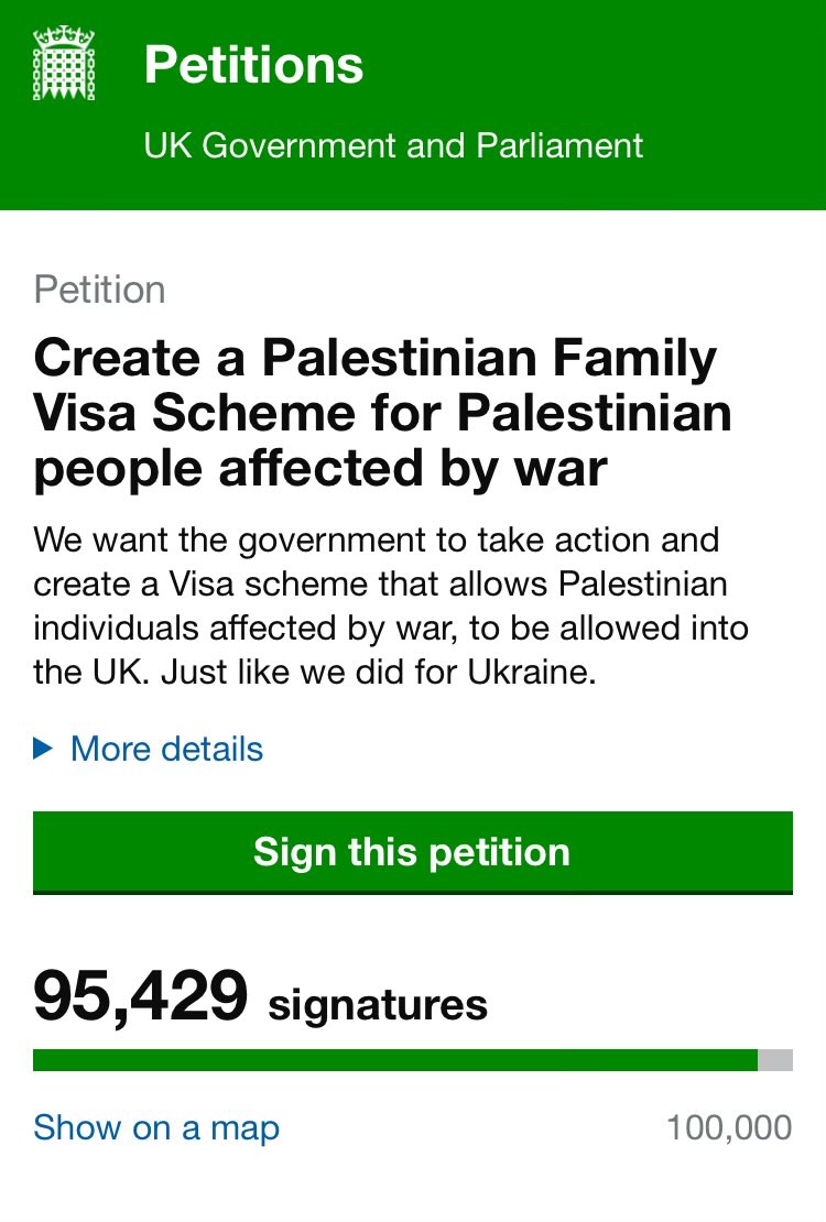 How does this petition not have hundreds of thousands of signatures? A basic request to allow people who have been through 6 months of horror to be able to join their family members who reside in the UK - until it’s safe for them to return petition.parliament.uk/petitions/6485…