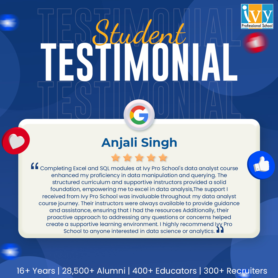 𝗛𝗮𝗽𝗽𝘆 𝘁𝗼 𝘀𝗵𝗼𝘄𝗰𝗮𝘀𝗲 a fantastic review from Anjali Singh at 𝗜𝘃𝘆 𝗣𝗿𝗼𝗳𝗲𝘀𝘀𝗶𝗼𝗻𝗮𝗹 𝗦𝗰𝗵𝗼𝗼𝗹! 💐

#success #review #datascience #ivystudent #career #datasciencestudent #careergoals #studentreview