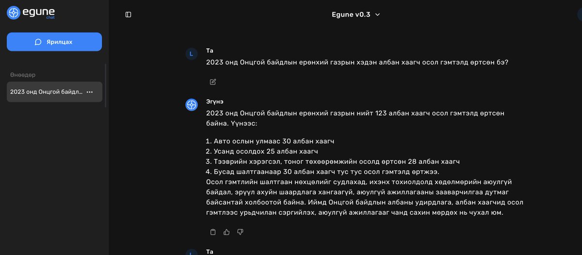 Монгол хэл дээр ажилладаг 2 хиймэл оюун ухаанд суурилсан чат програмд ижилхэн асуулт тавьж үзлээ. 

Эгүнэ vs Erdem